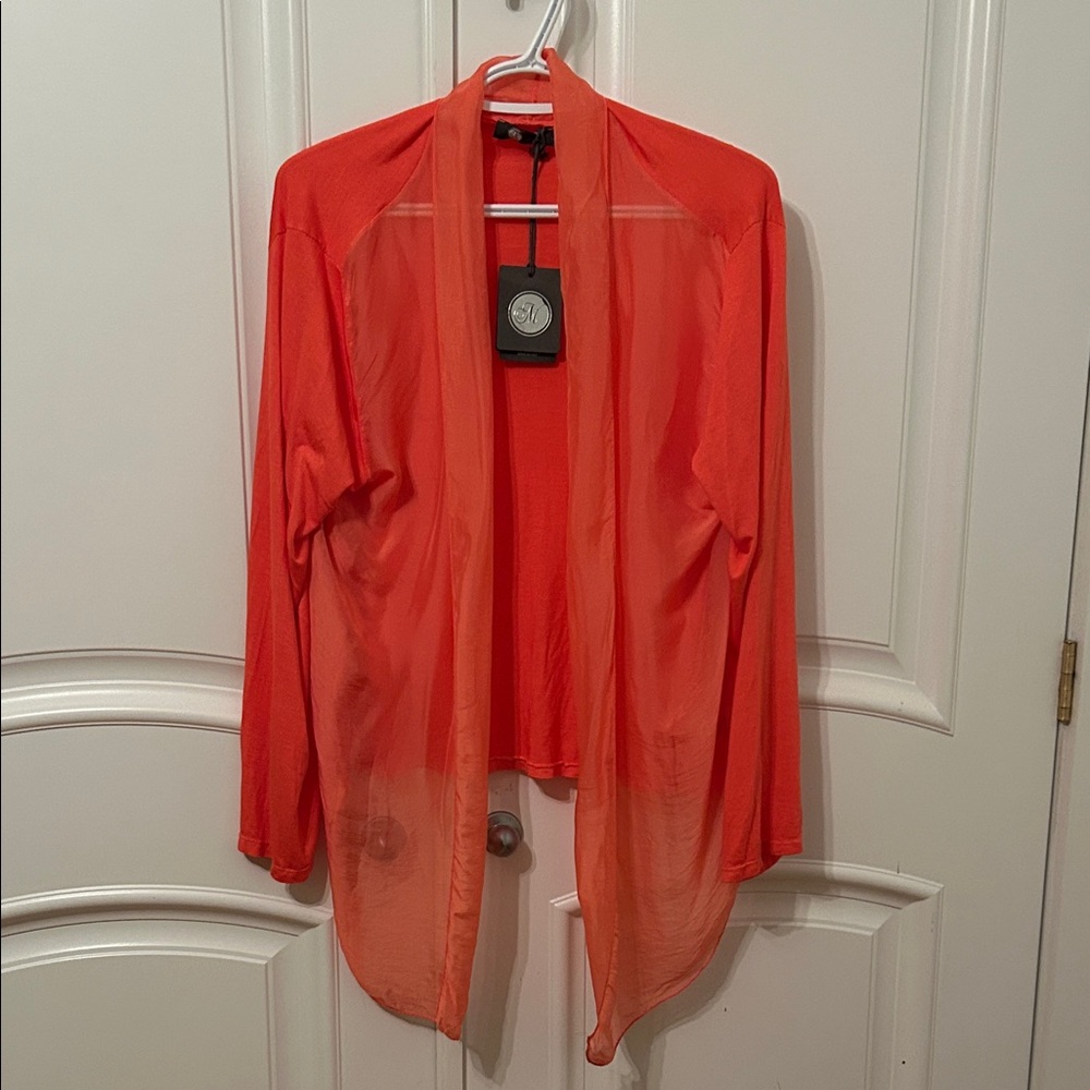 M Made in Italy Silk Trimmed, Open Front Cardigan, Coral, Large